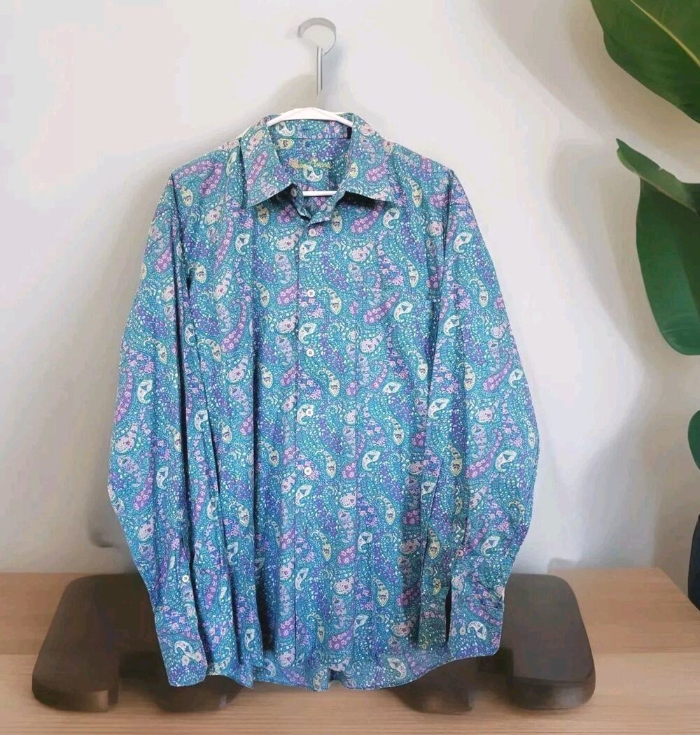 Alan Flusser Men's Button Front Floral Paisley Colorful Shirt XL 100% Cotton